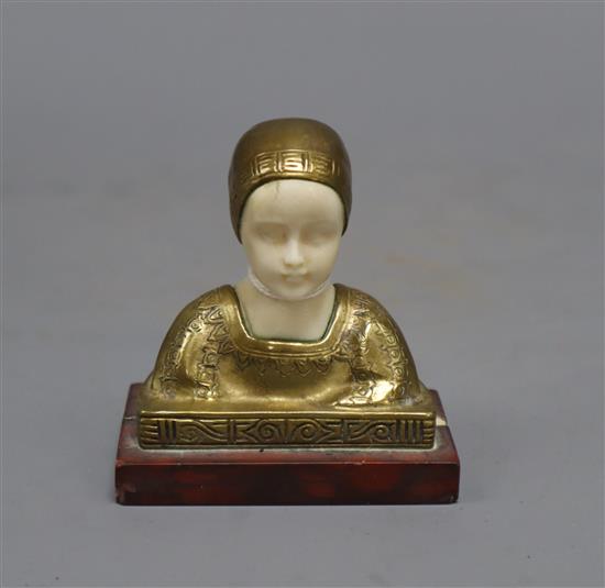 A bronze and ivory bust of a girl, height 8cm